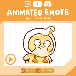 May include: A cartoon illustration of a yellow duck wearing a white hooded outfit with a duck bill. The image includes the text "ANIMATED EMOTE" and social media icons. The image is set against an orange background.