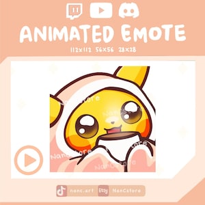 Puede incluir: Gráfico de Emote animado que presenta un personaje amarillo con un atuendo rosa y blanco, sosteniendo una taza. La imagen incluye el texto "ANIMATED EMOTE" y las dimensiones. También hay iconos de redes sociales y el texto "nanc.art Etsy NancStore".