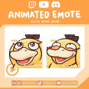 Può includere: Emote animata con un personaggio giallo simile a un'anatra con un fiocco nero. L'immagine include il testo "ANIMATED EMOTE" e le icone dei social media. Il personaggio ha due diverse espressioni facciali. È visibile anche il nome del venditore, "NanCstore".