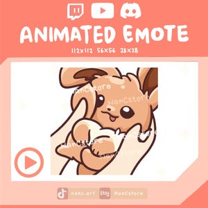Può includere: Illustrazione digitale di un'emote animata. L'immagine mostra un personaggio dei cartoni animati con pelliccia marrone e grandi occhi. Il testo "ANIMATED EMOTE" e le dimensioni sono visualizzati. Sono presenti anche icone di social media e il nome dell'artista.