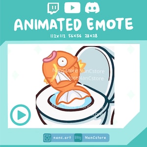 Puede incluir: Un emote animado con un pez naranja de dibujos animados dentro de un inodoro. La imagen incluye el texto "ANIMATED EMOTE" y las dimensiones. La imagen también incluye iconos de redes sociales y el nombre del vendedor.