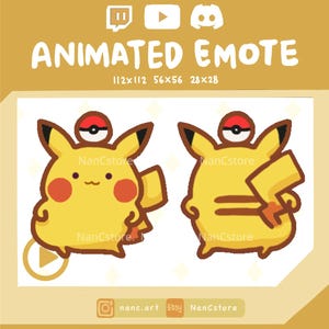 Peut inclure: Emote animé représentant un personnage de dessin animé jaune avec des joues rouges, une queue en forme d'éclair et une balle rouge et blanche sur la tête. Le texte "ANIMATED EMOTE" est affiché au-dessus du personnage, avec les dimensions en dessous. L'image comprend des icônes de médias sociaux et le nom du vendeur.