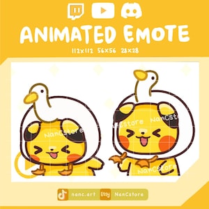 Peut inclure: Emote animé avec un personnage jaune portant un chapeau de canard blanc. L'image comprend le texte "ANIMATED EMOTE" et les tailles 112x112, 56x56 et 28x28. L'image comprend également le texte "nanc.art Etsy NanCstore".