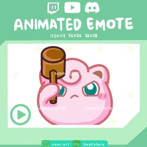 Puede incluir: Un emote animado rosa con un personaje de dibujos animados sosteniendo un mazo marrón. El emote tiene ojos verdes y una expresión ligeramente enfadada. El texto "ANIMATED EMOTE" está en la parte superior, con dimensiones. La imagen también incluye iconos de redes sociales y el nombre del vendedor.