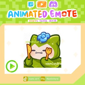 Puede incluir: Ilustración digital de un personaje de dibujos animados verde con una flor azul, sosteniendo un cuchillo y un tenedor. El texto "ANIMATED EMOTE" se muestra encima del personaje, con dimensiones. La imagen incluye iconos de redes sociales y el nombre del artista.