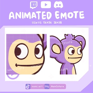 May include: A purple animated emote featuring a cartoon monkey with a light yellow face and large white eyes. The text "ANIMATED EMOTE" is at the top, with size dimensions below. Social media icons are also present.