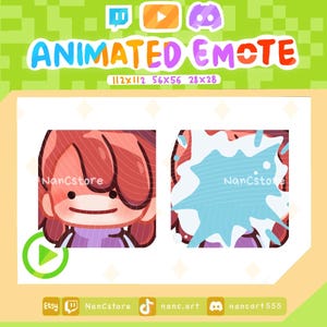 May include: Animated emote graphic with a cartoon character and a water splash design. The text "ANIMATED EMOTE" is displayed above the images, with size dimensions. The Etsy, Discord, and other social media icons are at the bottom.