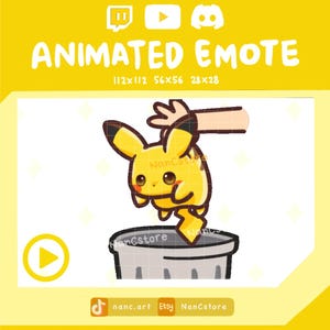 May include: Animated emote featuring a yellow cartoon character with brown accents, jumping out of a gray trash can. The image includes the text "ANIMATED EMOTE" and sizes 112x112, 56x56, and 28x28. The image also includes social media icons and the text "NanCstore".