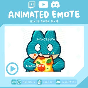 Puede incluir: Un emote animado turquesa con una criatura de dibujos animados comiendo pizza. La imagen incluye el texto "ANIMATED EMOTE" con especificaciones de tamaño e iconos de redes sociales. El nombre del creador, "NanCstore", también es visible.