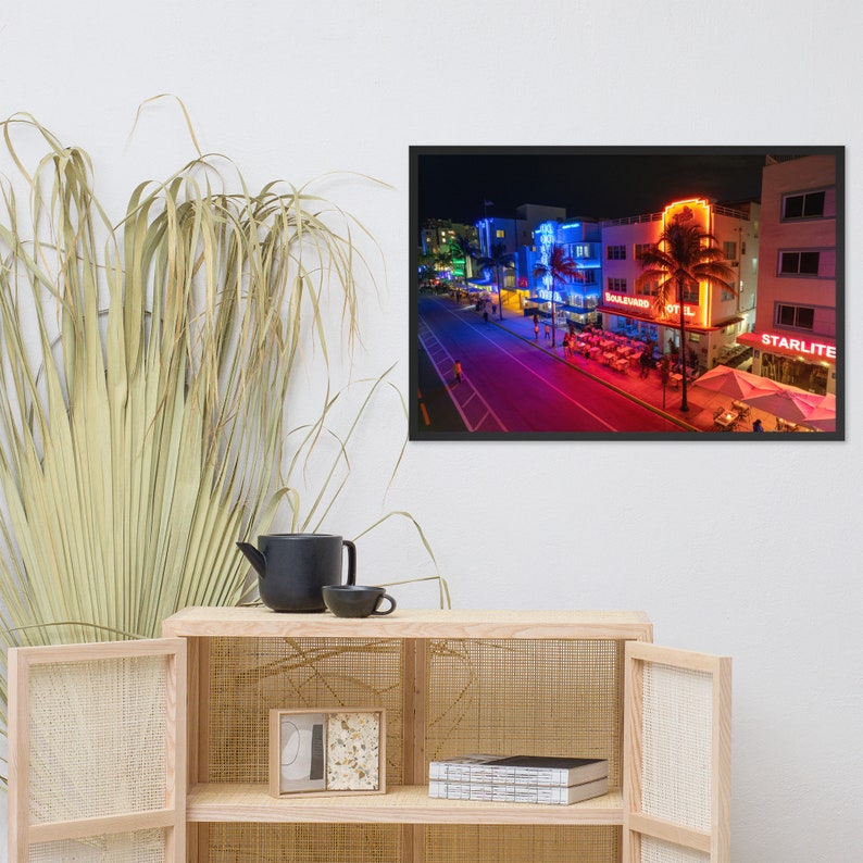 Ocean Drive by Night Framed Poster | Aerial Photography | Drone | Miami Beach | Florida | Wall Decor