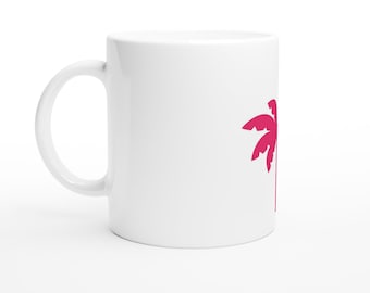 Pink Palm Tree Mug | 11oz Miami Ceramic Coffee Cup | Tropical Florida Souvenir Gift | Beach Lover Mug