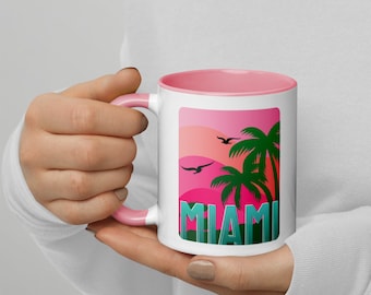 Miami Ceramic Mug | Florida Coffee Cup with Color Inside | Miami Lover Gift, Souvenir Kitchen Decor