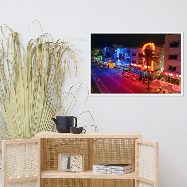 Ocean Drive by Night Framed Poster | Aerial Photography | Drone | Miami Beach | Florida | Wall Decor