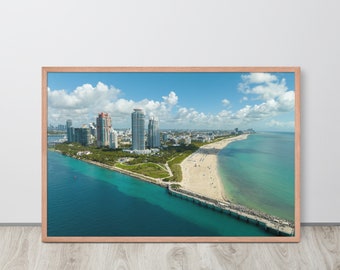 South Pointe Pier Framed Poster | Miami Beach Blue Ocean Aerial Art | Florida Coastal Decor, Sea Gift