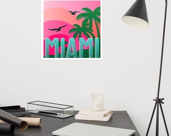 Quadro con tramonto di Miami / Poster retrò con palme, stampa vintage della Florida / Decorazione tropicale, regalo di viaggio