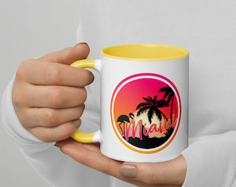 Miami Sunset Mug | Retro Palm Tree Ceramic Coffee Cup | Florida Vintage Kitchen Decor, Travel Gift