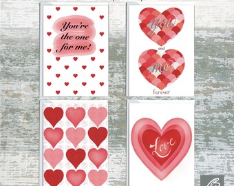 Set of 4 Love Hearts Valentine's Day Cards Printable 5”x7” Blank Inside with Envelope Template Instant Digital Download Card for Loved One