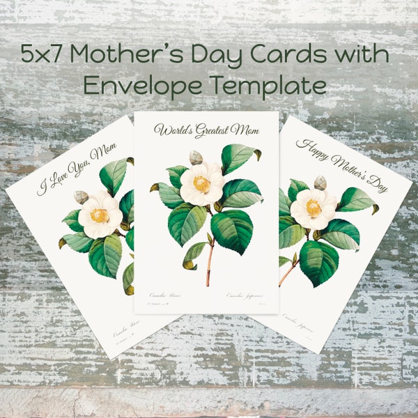 3 Mother's Day Cards Printable Cards 5”x7” Blank Inside with Envelope Template Instant Digital Download Card Vintage Art Floral Botanical