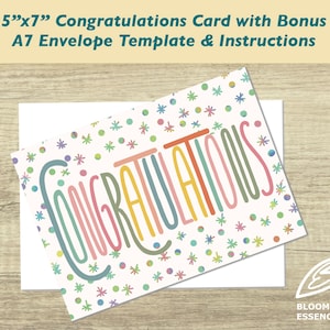 May include: A 5x7 inch congratulations card with a colorful confetti design and the word "CONGRATULATIONS" written in a whimsical font. The card comes with a bonus A7 envelope template and instructions.