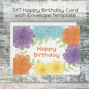 Cartão de feliz aniversário para impressão 5 "x 7" aquarela floral feita à mão em branco com modelo de envelope Download digital instantâneo