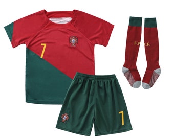 New Kids Portugal Ronaldo Home Premium Soccer Uniform 2022,22-23 Portugal Home Football Jersey,Jersey and Shorts Sets for Kids and Adults