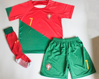 Portugal Shorts and Jersey Football Kit,Home Soccer Kit for Kids and Adults,New Kids Portugal Ronaldo Home Premium Soccer Uniform 2022