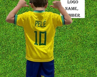 Brazil 2022 PELE Home Kids Soccer Uniform Jersey Shorts Socks for Boys Girls Youth Sizes,Brazil 2022 Kids Soccer Uniform Jersey Shors Socks