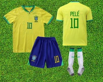 Brazil 2022 PELE Home Kids Soccer Uniform Jersey Shorts Socks for Boys Girls Youth Sizes,Brazil 2022 Kids Soccer Uniform Jersey Shors Socks