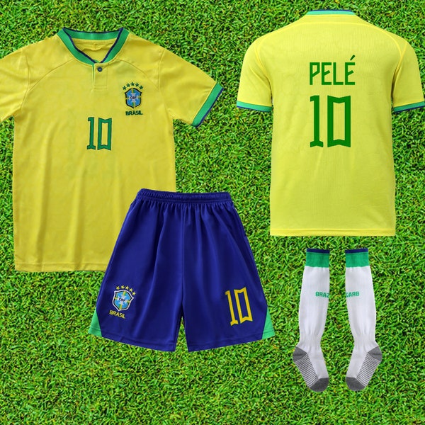 Brasilien 2022 PELE Heim Kinder Fußball Uniform Jersey Shorts Socken für Jungen Mädchen Jugendgrößen, Brasilien 2022 Kinder Fußball Uniform Jersey Shorts Socken