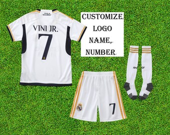 New Real Madrid Home 2023-24,Madrid Vini #7 New Home Kids Soccer Uniform Jersey & Shorts with Socks Set for Boys and Girls Youth Sizes