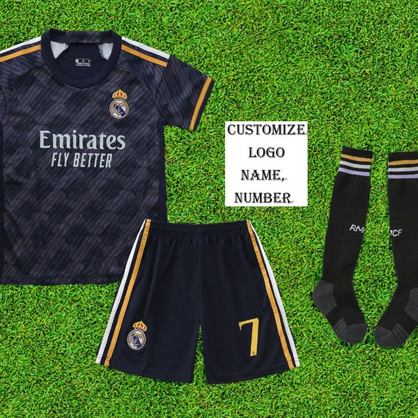 Uniforme Madrid pour enfant,Uniformes de football Real Madrid,Madrid Vini Jr. #7 Nouveau maillot de football 2023/2024 et ensemble short et chaussettes,Bellingham 5