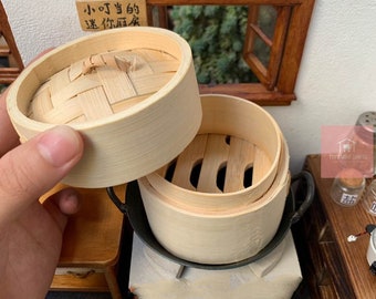 Miniature Wooden Steamer: Real Tiny Kitchen Cookware (8/9cm)