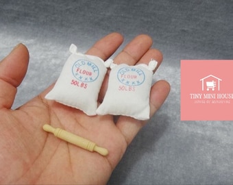 Real Miniature Cooking: Mini Flour Sacks And Rolling Pin For Real Tiny Baking Cake Or Dollhouse Kitchen Decoration.