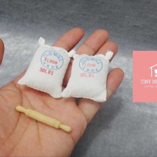 Real Miniature Cooking: Mini Flour Sacks And Rolling Pin For Real Tiny Baking Cake Or Dollhouse Kitchen Decoration.