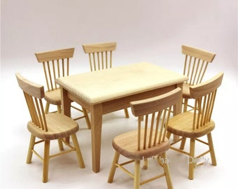 Handmade Miniature Wooden Dining Table and Chair Set - 1:12 Scale Dollhouse Kitchen