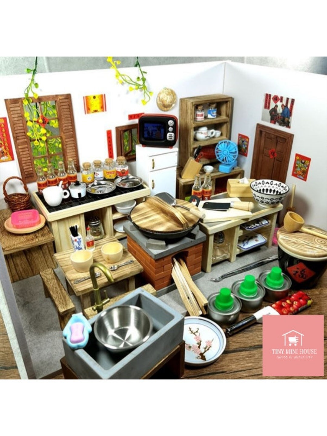 Complete 50 Pcs Real Working Mini Cooking Kitchen Set-stove water Dispenser  room Box furnitures accessories Dollhouse 