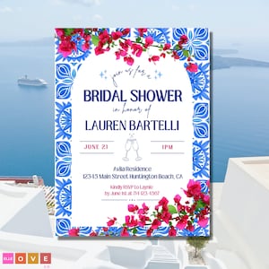 Mama Mia Bridal Shower Invite, Greece Inspired, Bougainvillea Bridal Shower Invitation Digital Download
