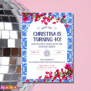 Mama Mia 40th Birthday Party Invite, Greece Inspired, Bougainvillea Bday Party Invitation Digital Download