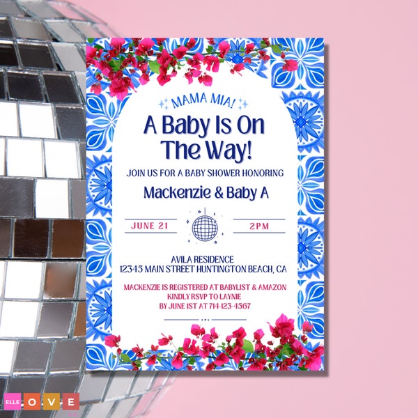 Mama Mia Baby Shower Invite, Greece Inspired, Bougainvillea Baby Shower Invitation Digital Download