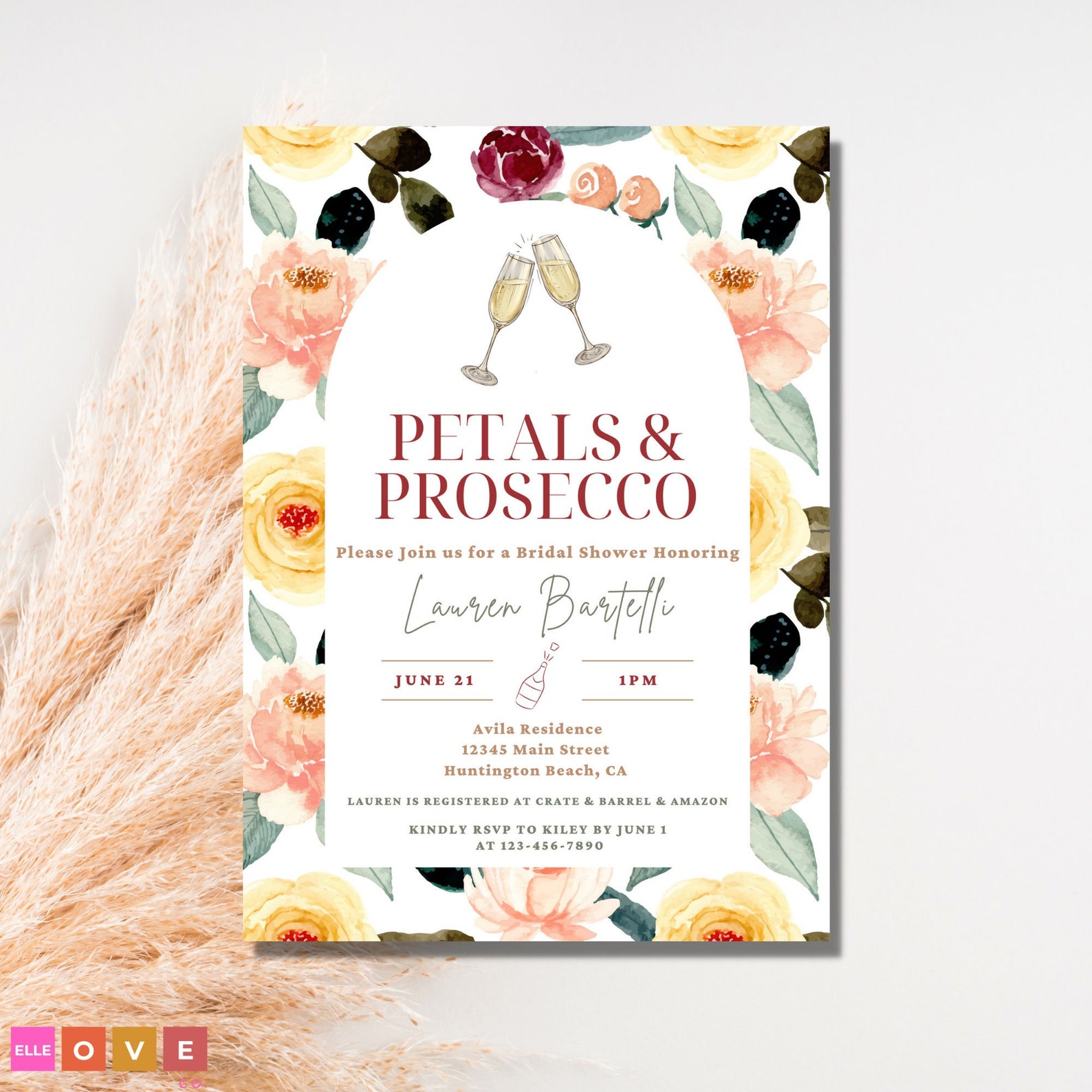 Petals and Prosecco Bridal Shower Invitation, Wine and Floral Themed