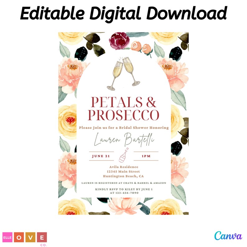 Petals and Prosecco Bridal Shower Invitation, Wine and Floral Themed