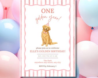 Golden Birthday Dog Pink First Birthday Invitation, Golden Retriever Party Invite