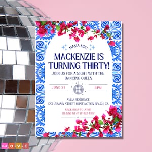 Mama Mia 30th Birthday Party Invite, Greece Inspired, Bougainvillea Bday Party Invitation Digital Download