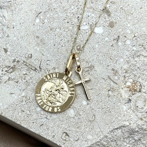 14k Real Yellow Gold Round Saint Michael Pray for Us Medal Small Cross Pendant with 0.5mm Box Chain Necklace