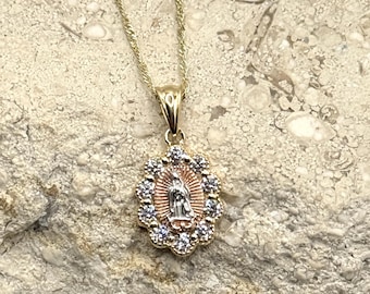 Virgin Mary Medal Necklace 14K Two Tone Gold Our Lady Of Guadalupe ...