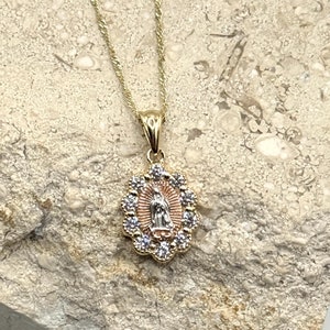 14K Tri Tone Gold Our lady of Guadalupe Pendant Necklace, Dainty Cubic Zirconia Religious Oval Virgin Mary Charm Necklace, Gift for her
