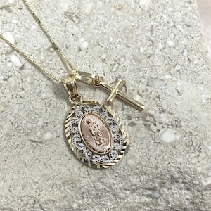 14k Solid Three Tone Gold Our Lady of Guadalupe Virgin Mary and Tiny Small Cross Pendant with 0.5mm Box Chain Necklace