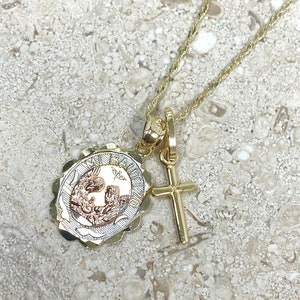 14k Tricolor Mi Bautizo and Tiny Small Cross Pendant Necklace , 14k Solid Gold Religious Baptism Charm with Singapore Chain Necklace