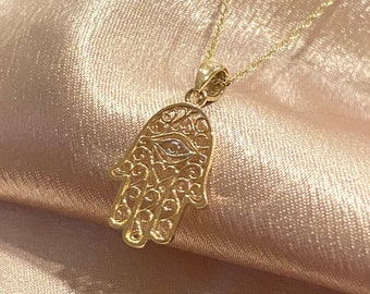 14k Solid Gold Hamsa Necklace, Hand of Fatima Evil Eye Charm