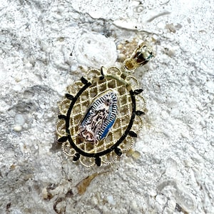 14k Three Tone Gold Our Lady of Guadalupe Virgin Mary Charm Pendant, Real 14k Solid Gold Religious Gift for Her/Him